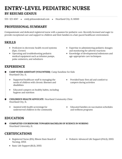 An entry-level pediatric nurse resume example.