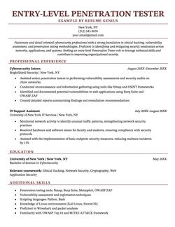 An example of a resume for an entry-level penetration tester role
