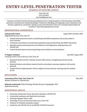 An example of a resume for an entry-level penetration tester role