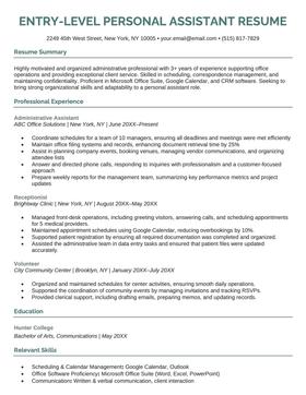 An example resume for an entry-level personal assistant position.