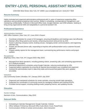 An example resume for an entry-level personal assistant position.