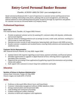 An entry-level personal banker resume example.