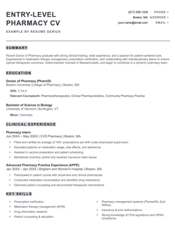 An entry-level pharmacist CV example.