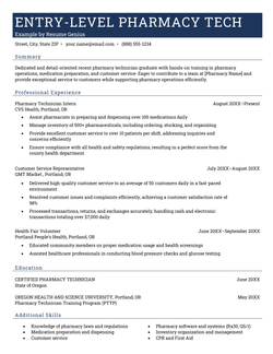 An example of an entry-level pharmacy technician resume