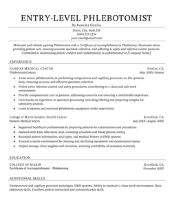 An example of a resume for an entry-level phlebotomist