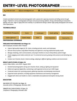 A great example of an entry-level photographer resume.