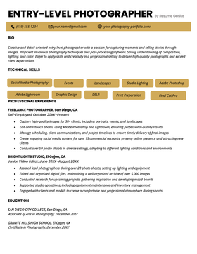 A great example of an entry-level photographer resume.