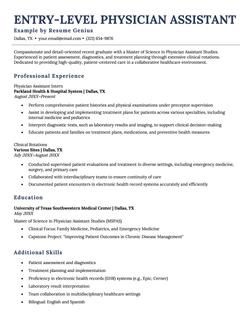An entry-level physician assistant resume example.