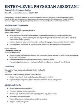An entry-level physician assistant resume example.