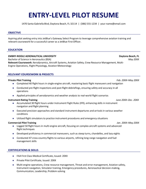 An entry-level pilot resume example.