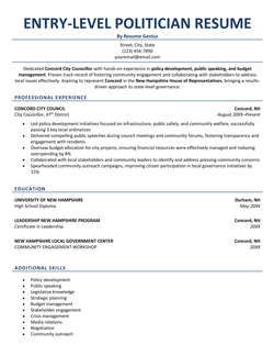 An entry-level politician resume example.