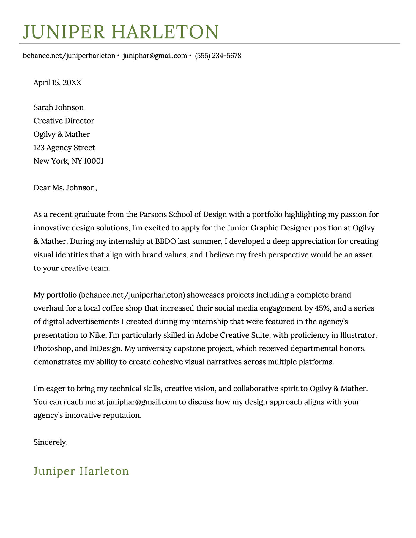 A great example of an entry-level cover letter to accompany a portfolio and resume.
