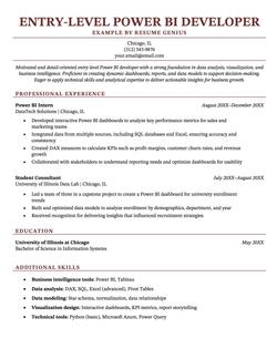 An entry-level power BI developer resume example.
