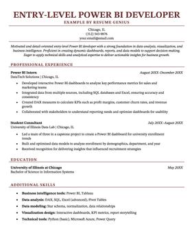 An entry-level power BI developer resume example.