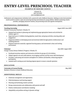 A strong example of an entry-level preschool teacher resume.