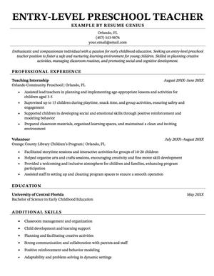 A strong example of an entry-level preschool teacher resume.