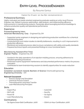 An entry-level process engineer resume example.