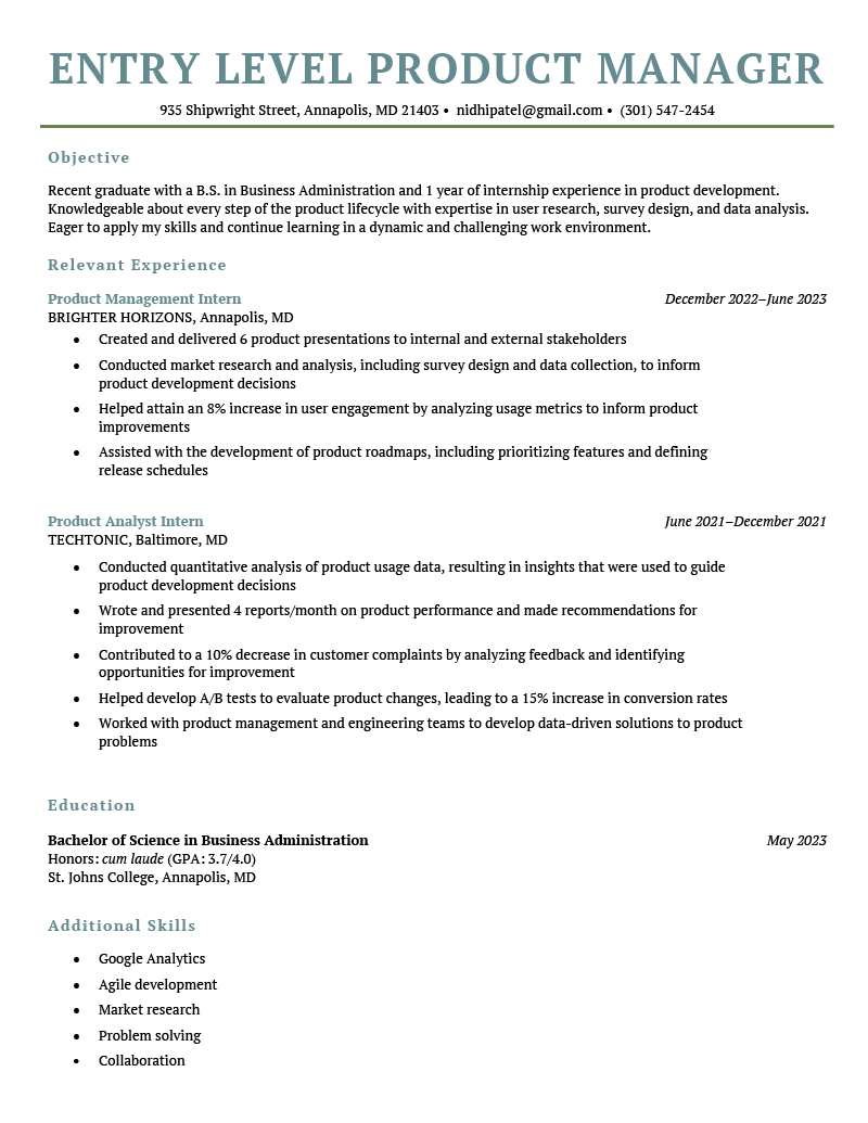 An entry level product manager resume on a template with a Turquoise header and resume sections.
