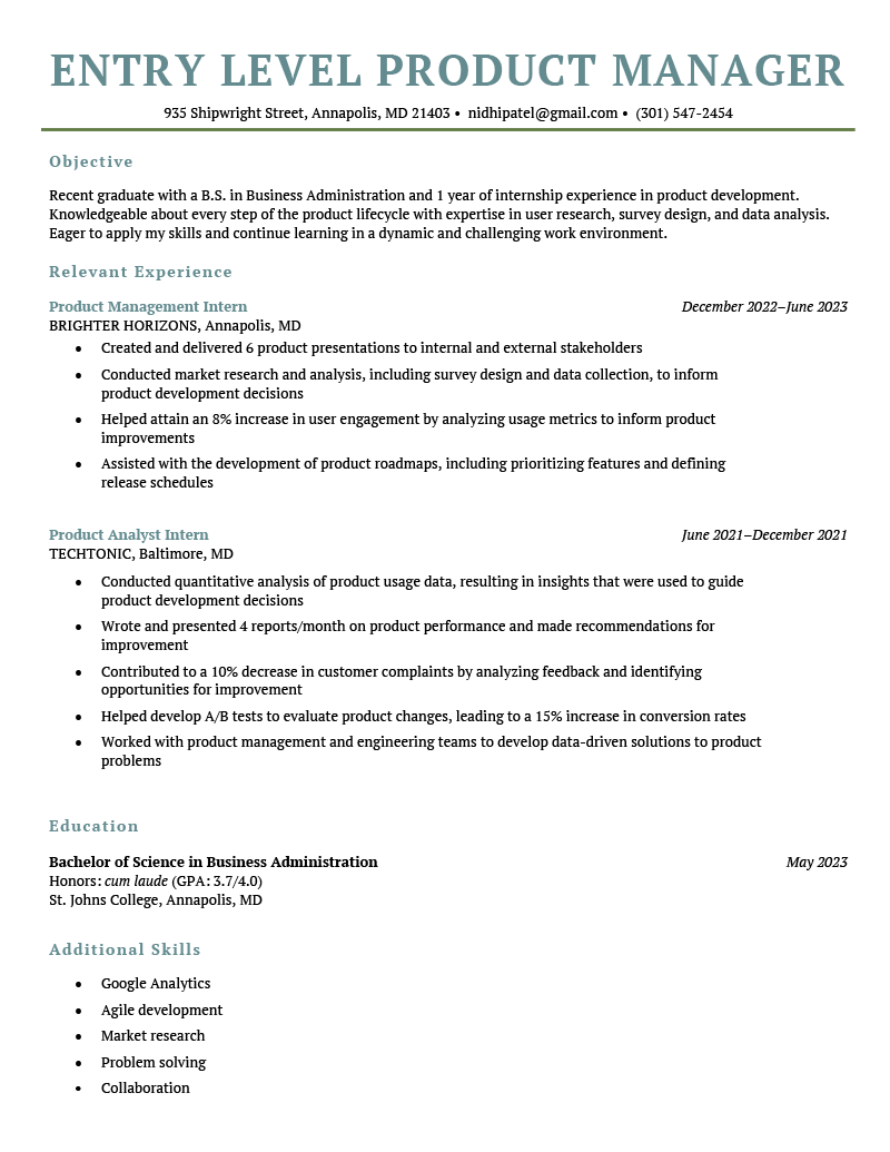 Entry Level Product Manager Resume Example Free Download   Entry Level Product Manager Resume Example 