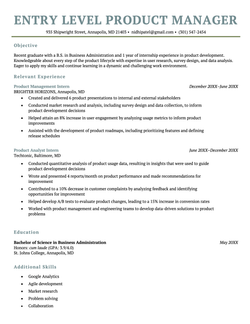 A great example of an entry-level product manager resume.
