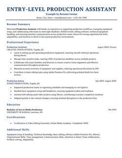 An entry-level production assistant resume example.