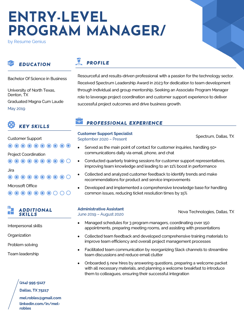 An example of an entry-level program manager resume on a modern template with blue text and graphic accents.