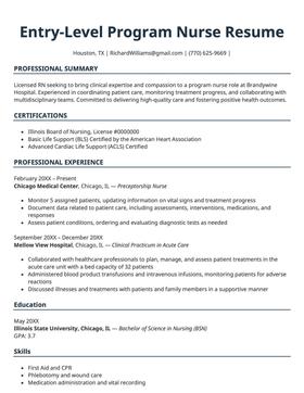 Entry level nurse resume example and template.