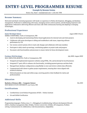 An entry-level programmer resume example.