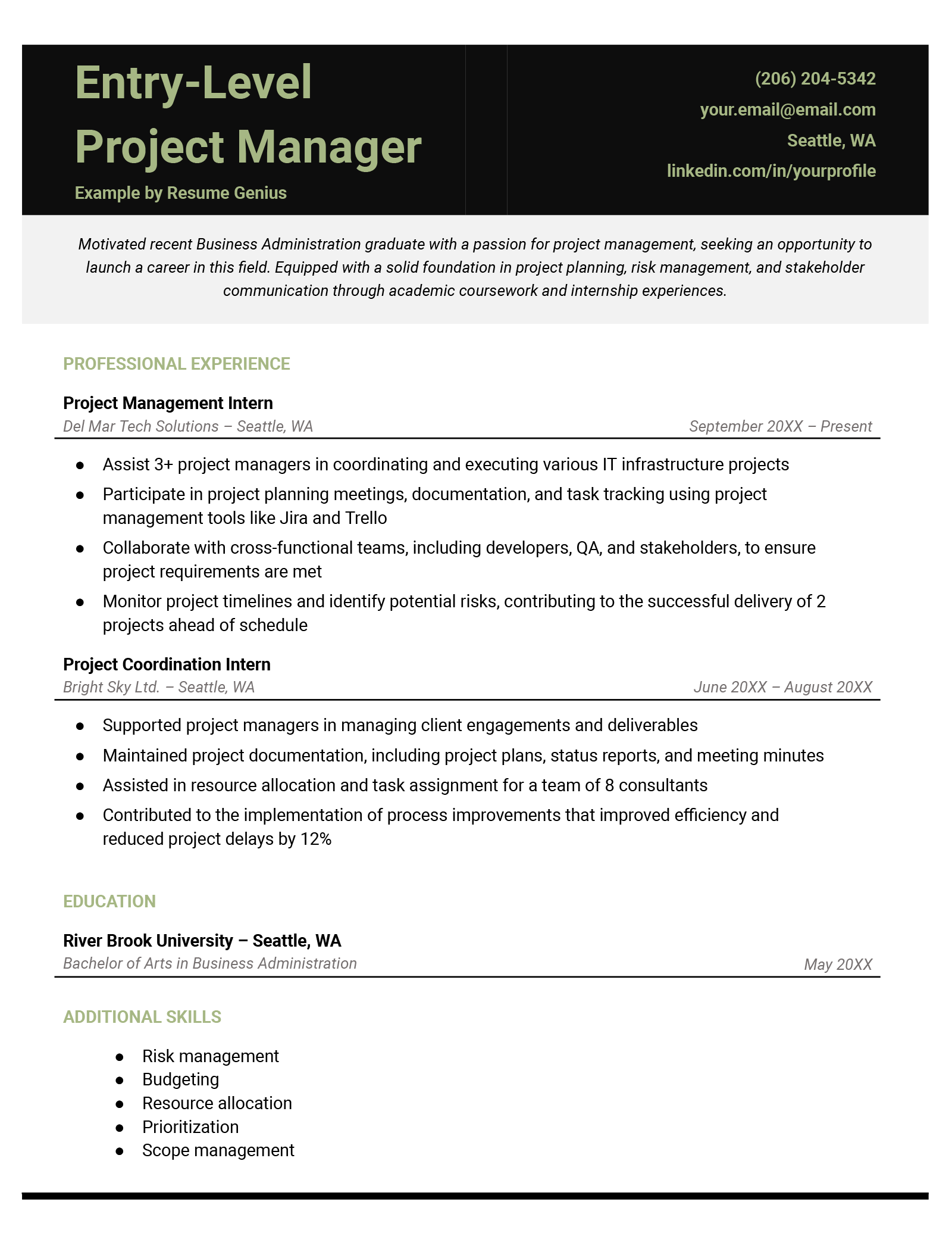 An example resume for an entry-level project manager.
