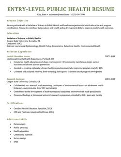 An entry-level public health resume example.