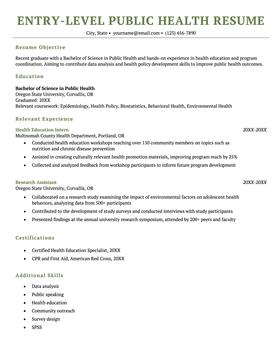 An entry-level public health resume example.