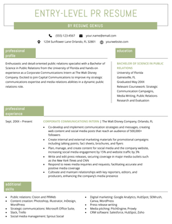 An example of an entry-level PR resume.