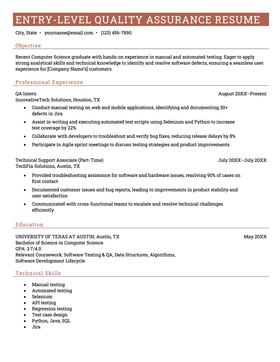 An entry-level quality assurance resume.