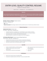 An entry-level quality control resume example.