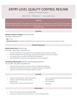 An entry-level quality control resume example.