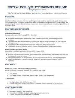 An entry-level quality engineer resume example.