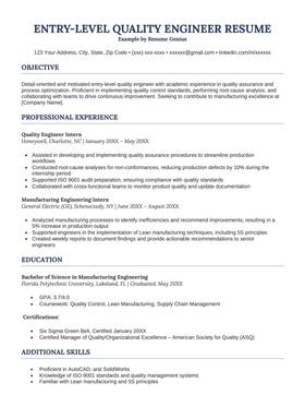 An entry-level quality engineer resume example.
