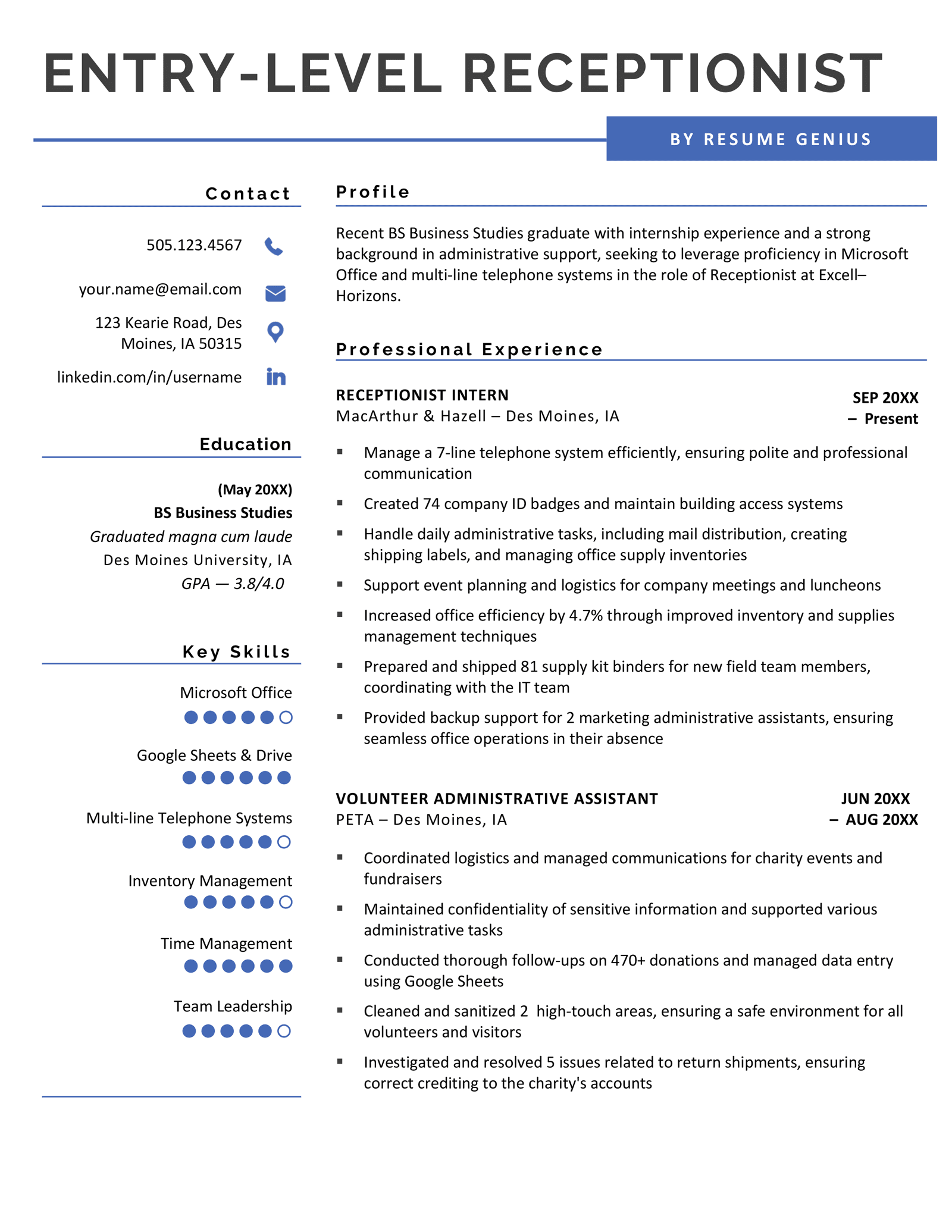 An entry-level receptionist resume that uses a blue color scheme and a two-column layout to highlight the candidate's CV sections.
