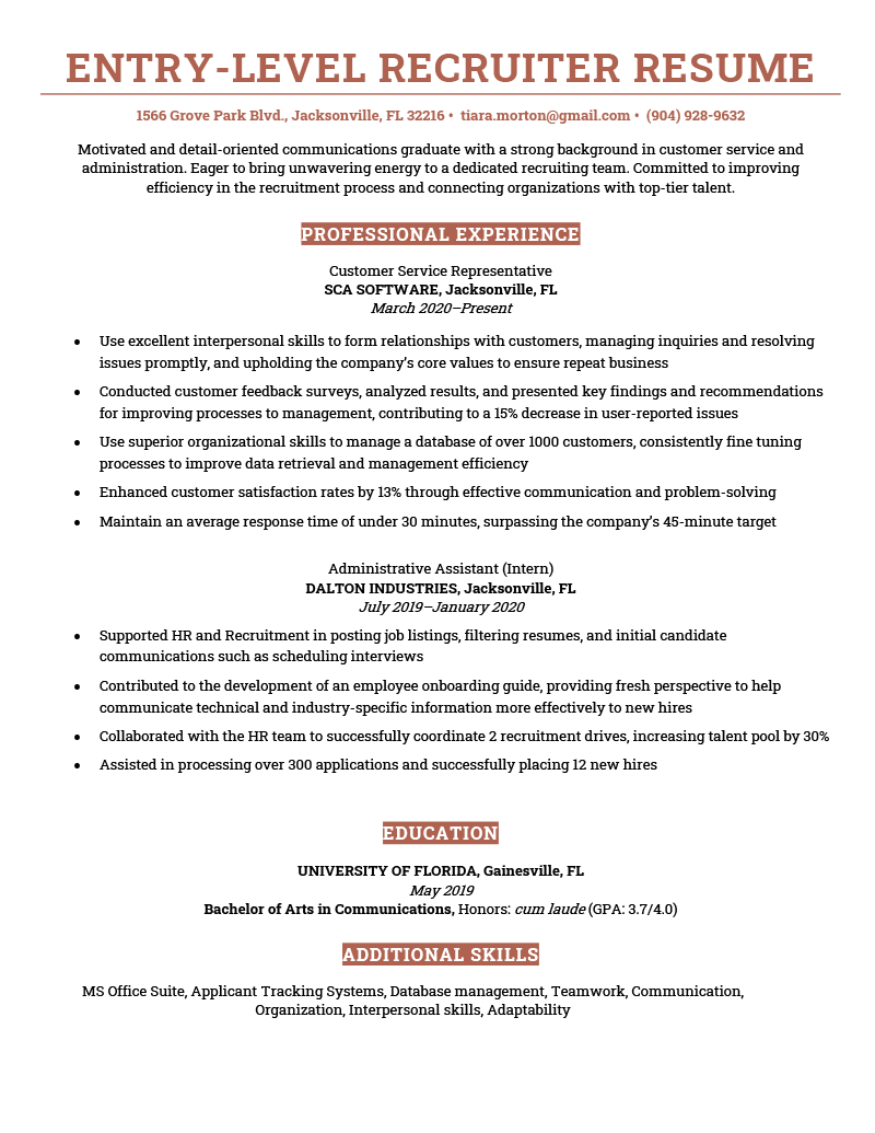 An example of an entry level resume for a recruiter on a simple template with orange header accents