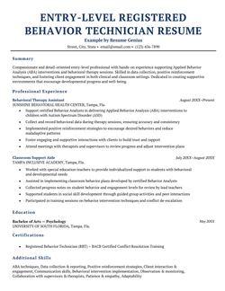 An entry level RBT resume example.