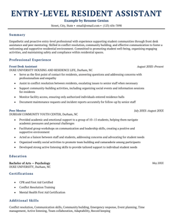 An entry-level resident assistant resume example.