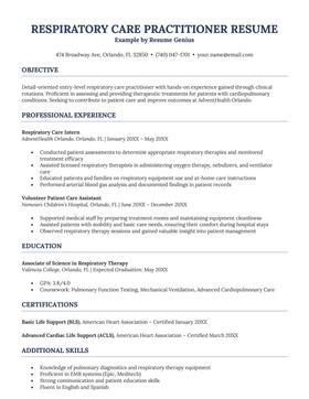 An entry-level respiratory therapist resume example.