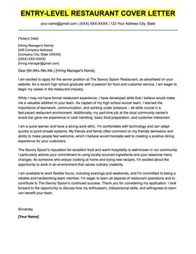 An example cover letter for an entry-level restaurant job.