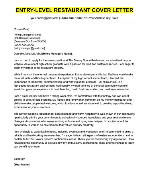 An example cover letter for an entry-level restaurant job.