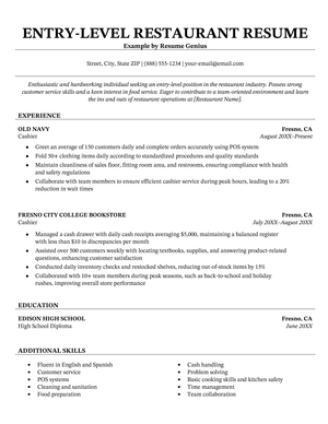 An example of a resume for an entry-level restaurant job.