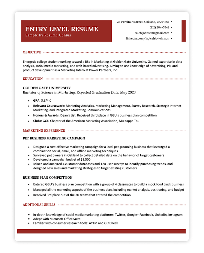 A red entry level resume with the applicants career objective, education, and marketing experience.