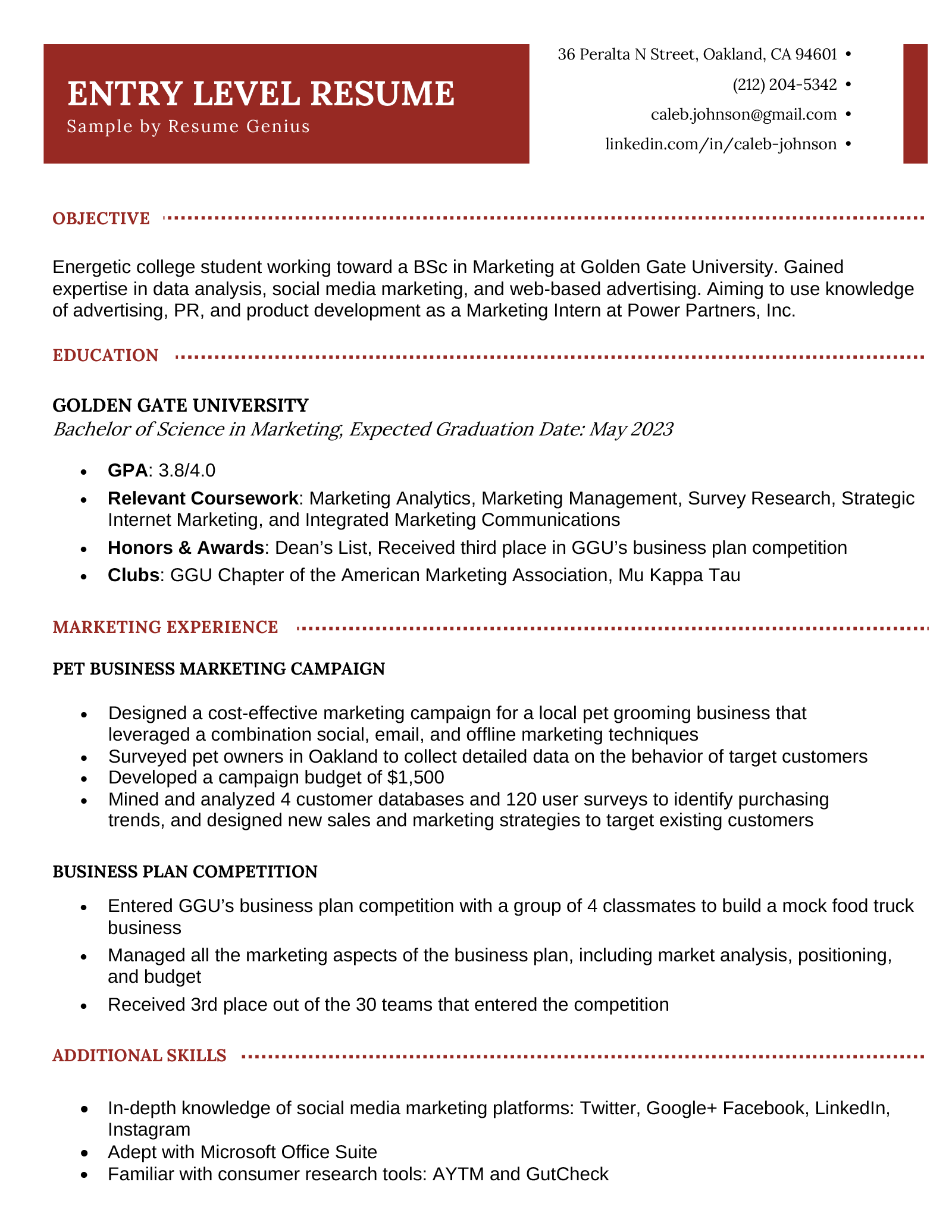 A red entry level resume with the applicants career objective, education, and marketing experience.