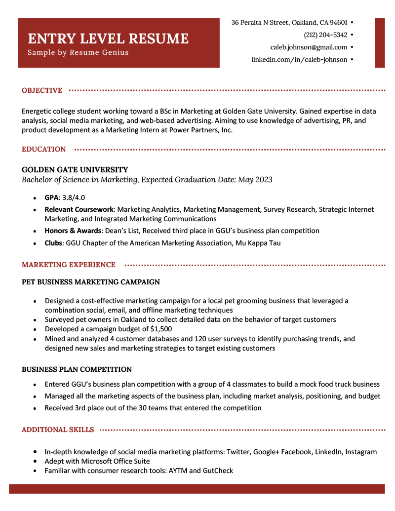 An entry level resume example from a college student who's applying for an internship