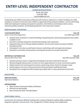 An entry-level independent contractor resume.