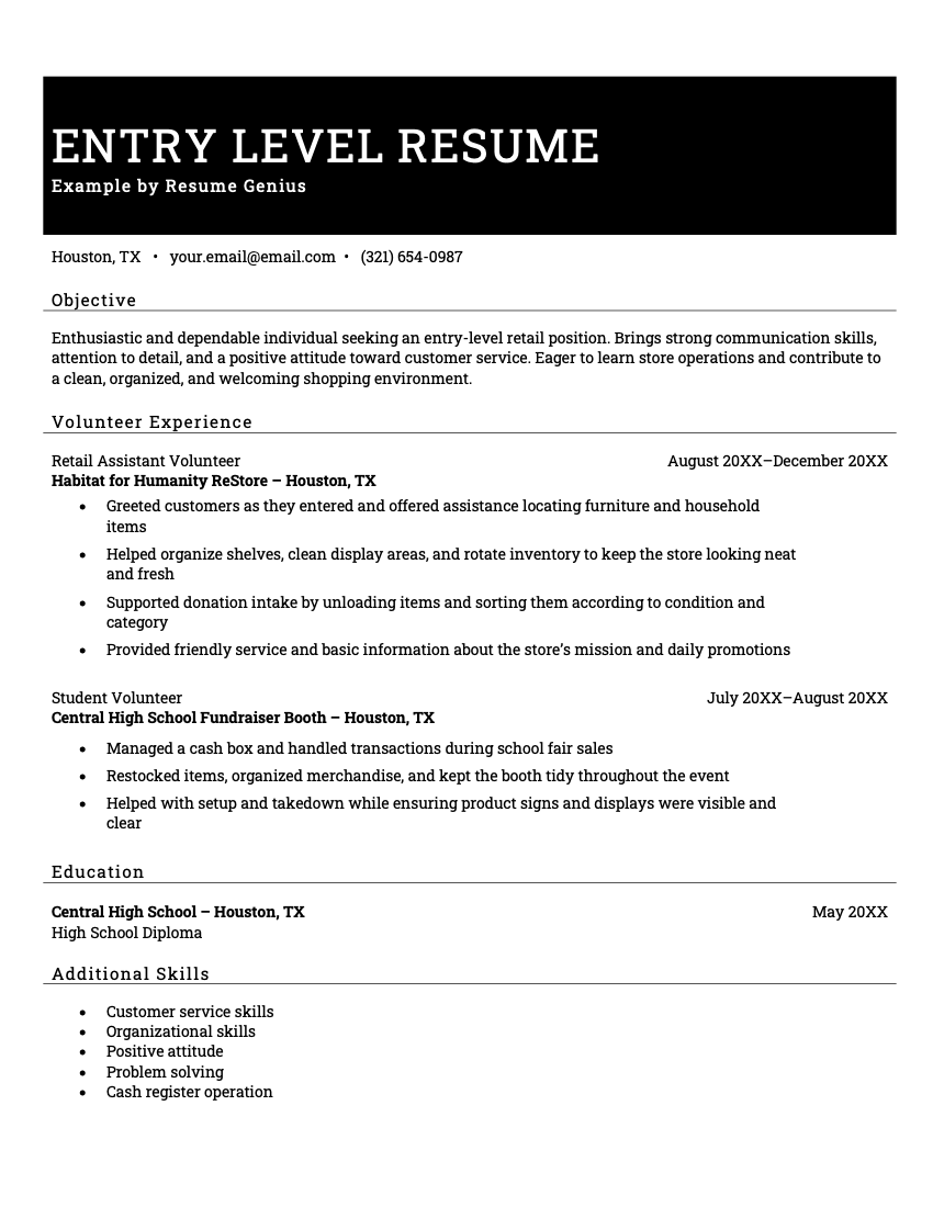An entry level resume format with volunteer experience